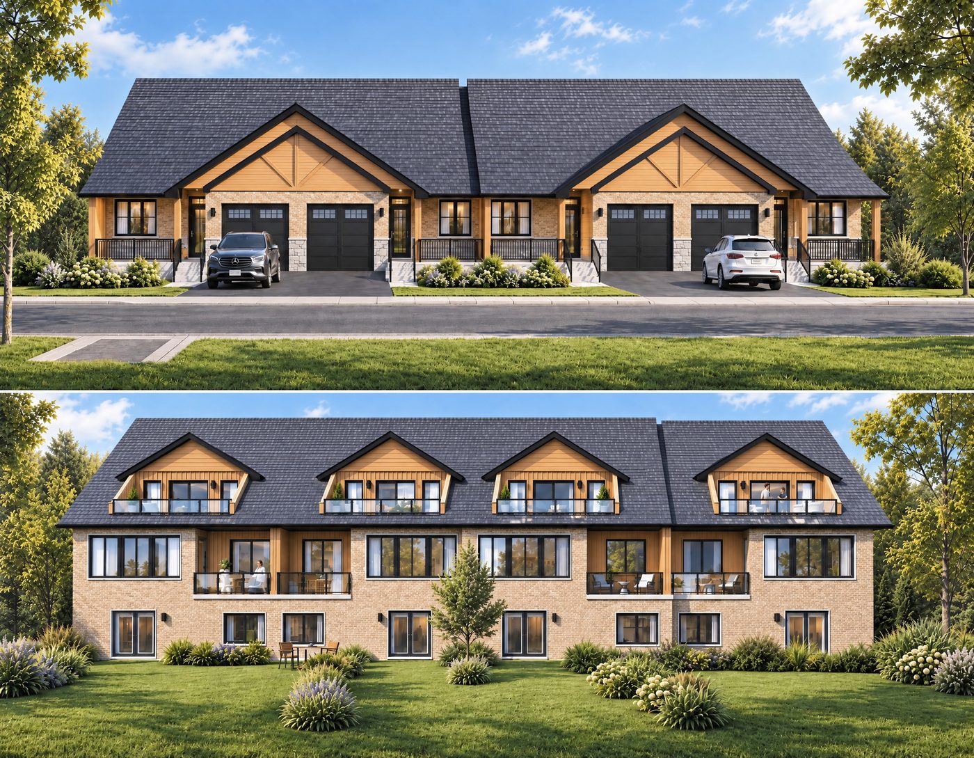 Block B townhomes — street and riverside elevations