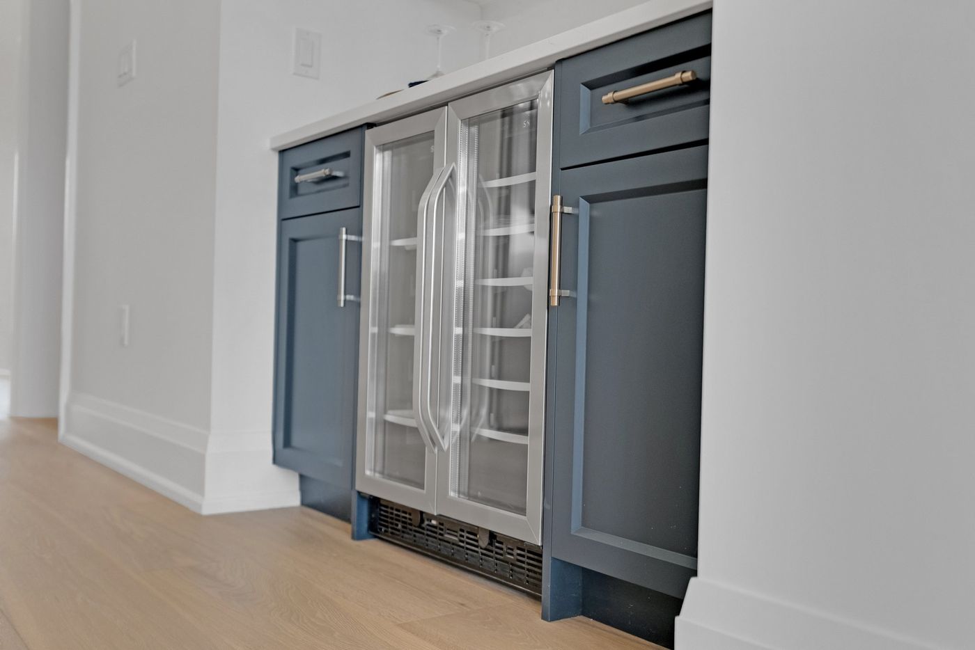 Navy beverage centre with dual-zone wine fridge
